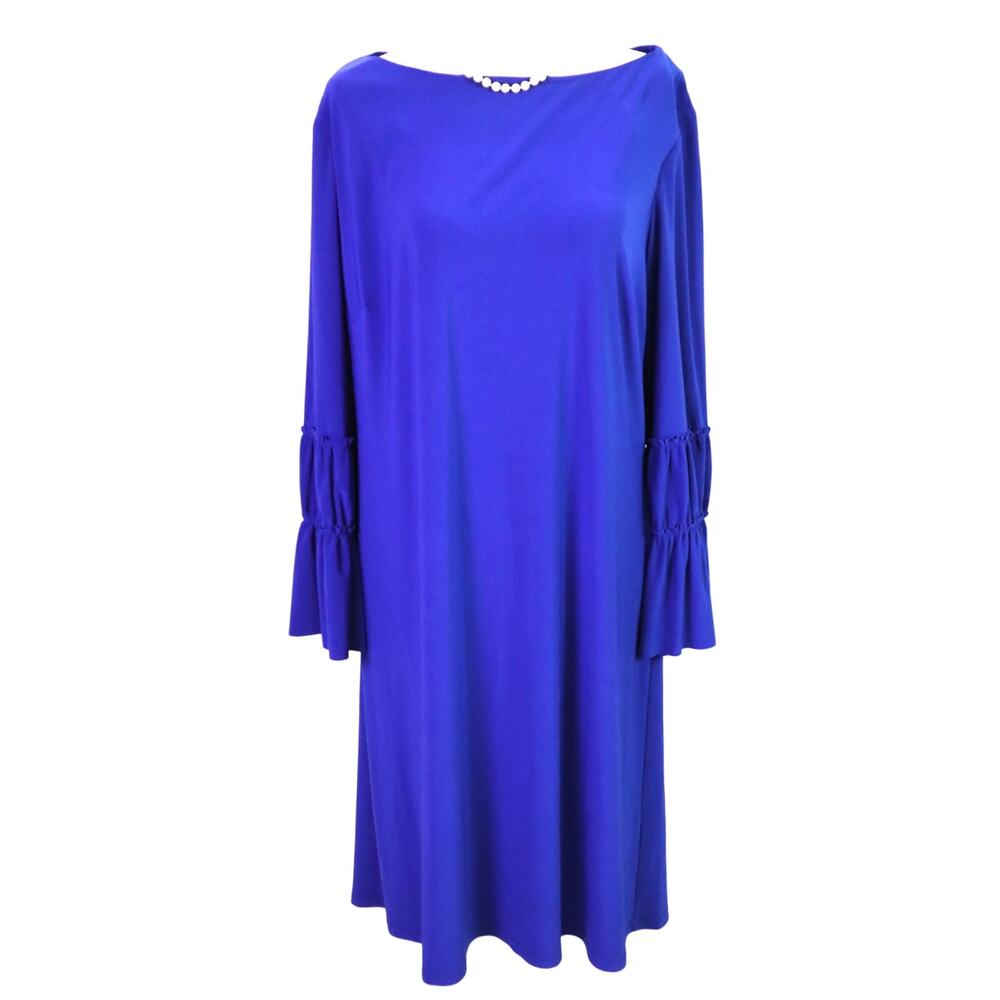 CHAPS Ralph Lauren Blue Dress BELL SLEEVES Knee Midi Boat Neck Women XL Classy